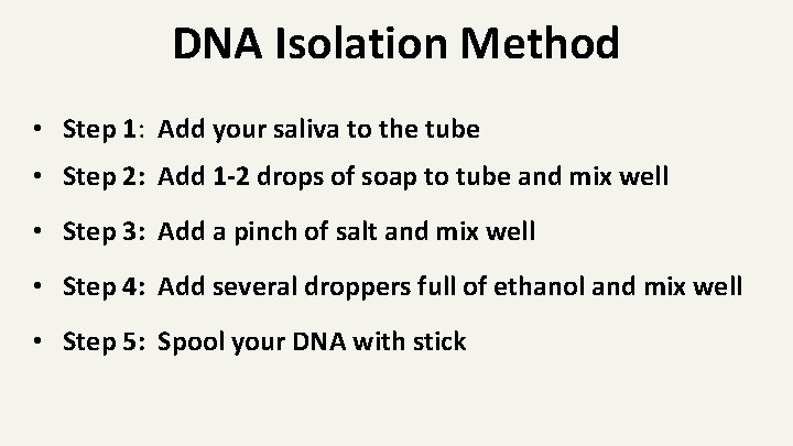 DNA Isolation Method • Step 1: Add your saliva to the tube • Step