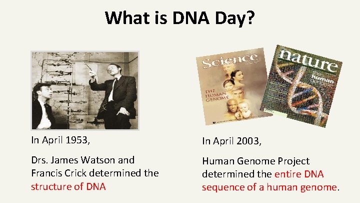 What is DNA Day? In April 1953, In April 2003, Drs. James Watson and