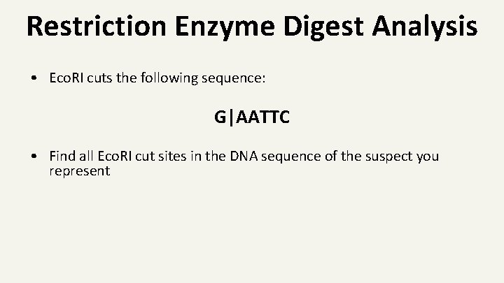 Restriction Enzyme Digest Analysis • Eco. RI cuts the following sequence: G|AATTC • Find