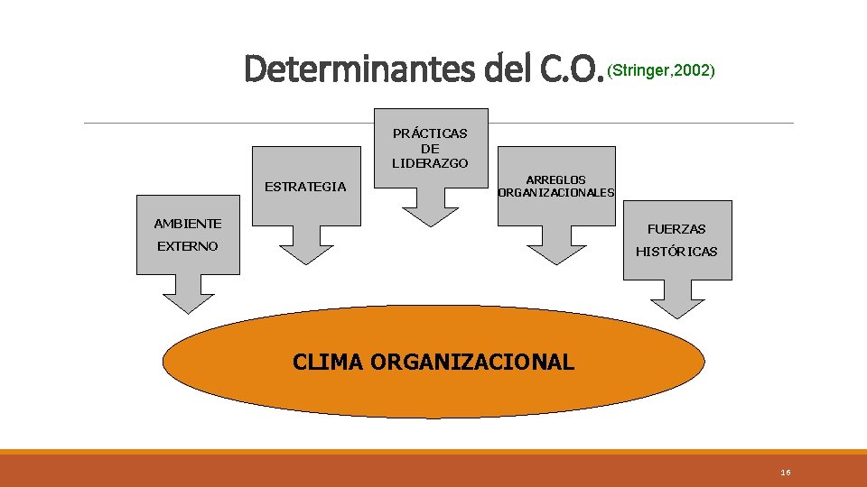 Determinantes del C. O. (Stringer, 2002) PRÁCTICAS DE LIDERAZGO ESTRATEGIA ARREGLOS ORGANIZACIONALES AMBIENTE FUERZAS