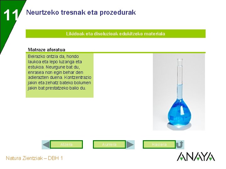 11 Neurtzeko tresnak eta prozedurak Likidoak eta disoluzioak edukitzeko materiala Matraze aforatua Beirazko ontzia