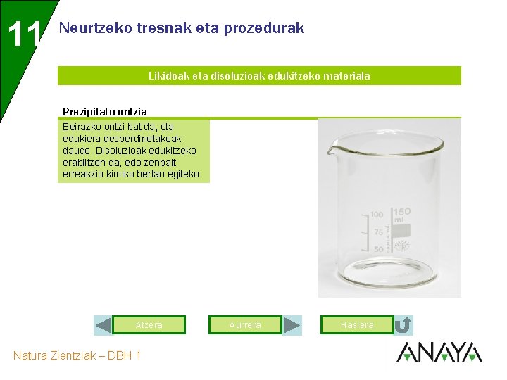 11 Neurtzeko tresnak eta prozedurak Likidoak eta disoluzioak edukitzeko materiala Prezipitatu-ontzia Beirazko ontzi bat