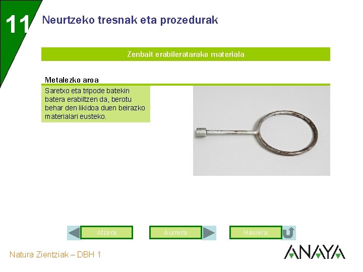 11 Neurtzeko tresnak eta prozedurak Zenbait erabileratarako materiala Metalezko aroa Saretxo eta tripode batekin