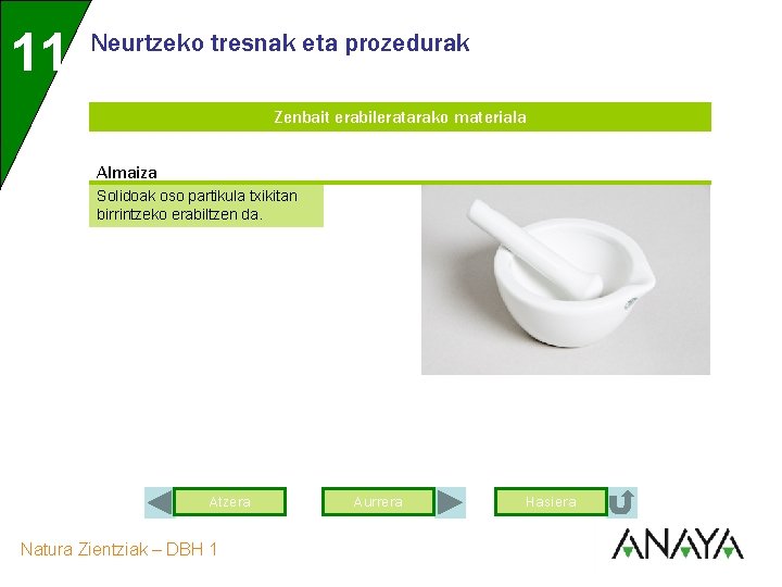 11 Neurtzeko tresnak eta prozedurak Zenbait erabileratarako materiala Almaiza Solidoak oso partikula txikitan birrintzeko