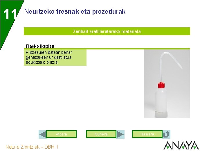 11 Neurtzeko tresnak eta prozedurak Zenbait erabileratarako materiala Flasko ikuzlea Prozesuren batean behar genezakeen