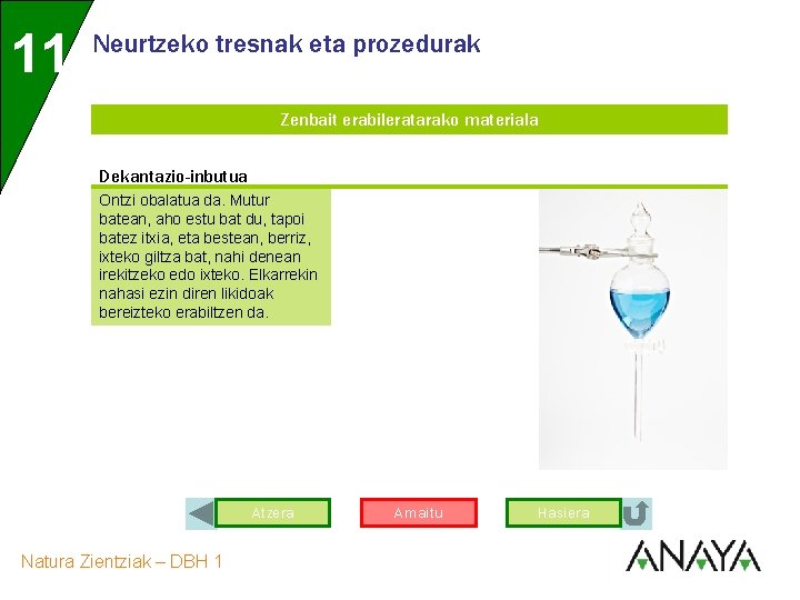 11 Neurtzeko tresnak eta prozedurak Zenbait erabileratarako materiala Dekantazio-inbutua Ontzi obalatua da. Mutur batean,