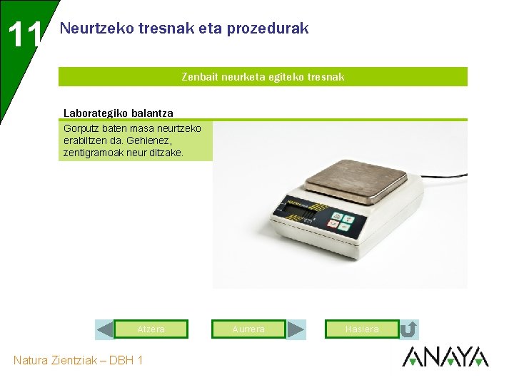 11 Neurtzeko tresnak eta prozedurak Zenbait neurketa egiteko tresnak Laborategiko balantza Gorputz baten masa