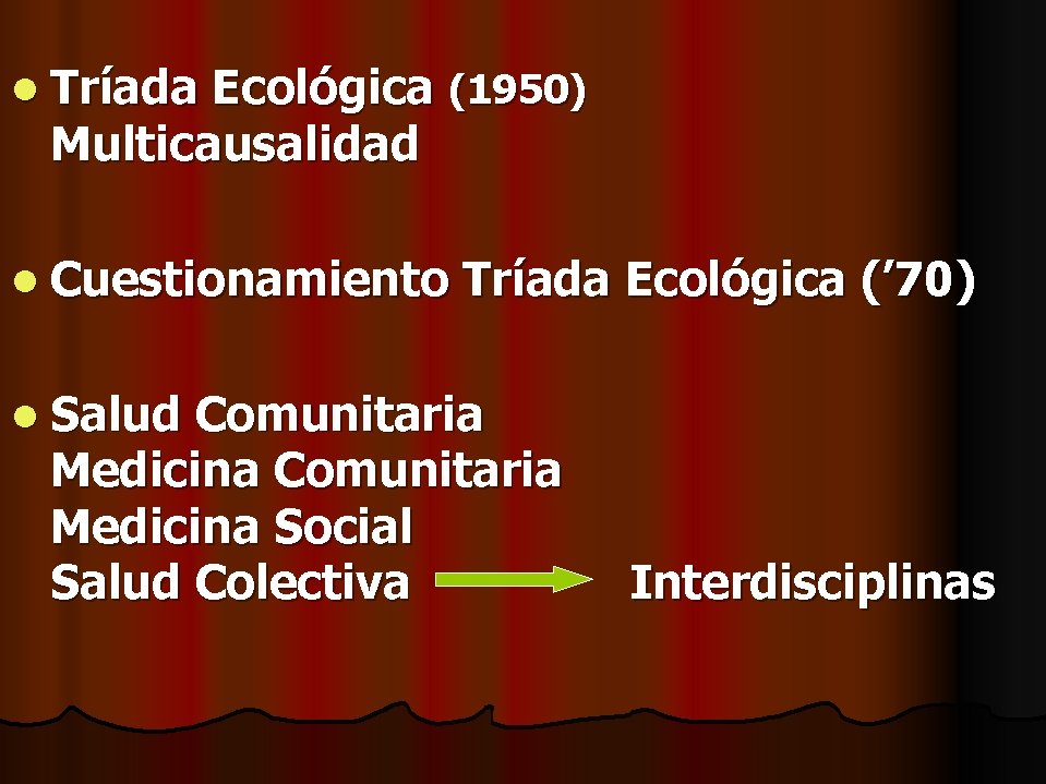 l Tríada Ecológica (1950) Multicausalidad l Cuestionamiento Tríada Ecológica (’ 70) l Salud Comunitaria