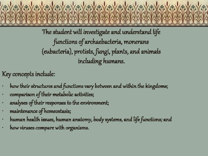 The student will investigate and understand life functions of archaebacteria, monerans (eubacteria), protists, fungi,