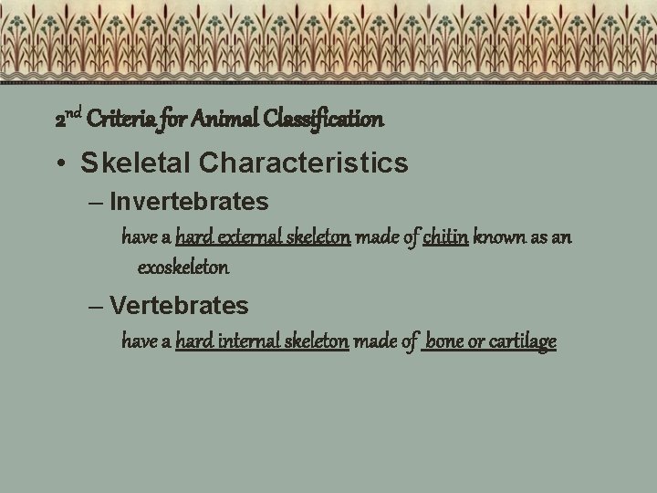 2 nd Criteria for Animal Classification • Skeletal Characteristics – Invertebrates have a hard