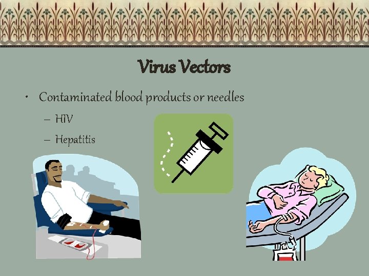 Virus Vectors • Contaminated blood products or needles – HIV – Hepatitis 