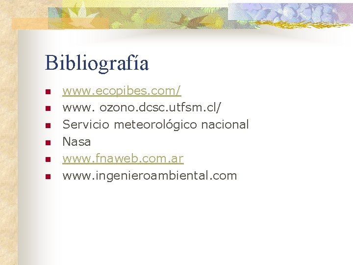 Bibliografía n n n www. ecopibes. com/ www. ozono. dcsc. utfsm. cl/ Servicio meteorológico