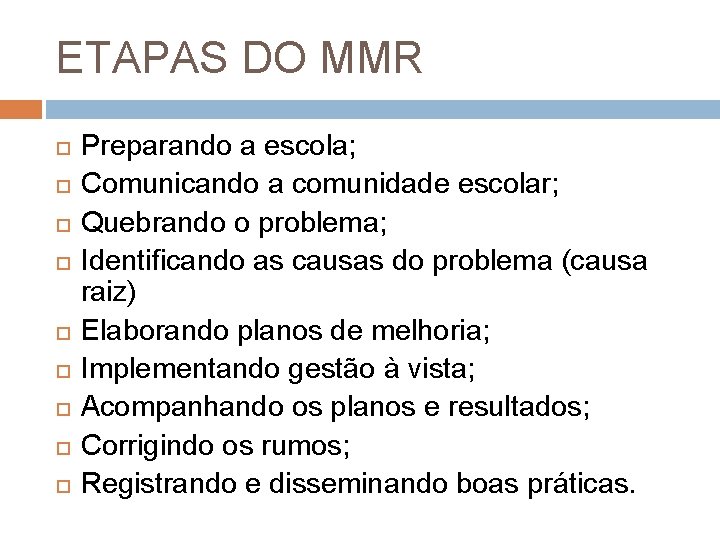 ETAPAS DO MMR Preparando a escola; Comunicando a comunidade escolar; Quebrando o problema; Identificando