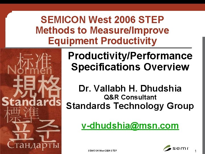 SEMICON West 2006 STEP Methods to Measure/Improve Equipment Productivity/Performance Specifications Overview Dr. Vallabh H.