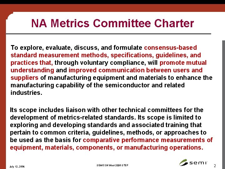  NA Metrics Committee Charter To explore, evaluate, discuss, and formulate consensus-based standard measurement