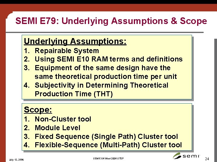 SEMI E 79: Underlying Assumptions & Scope Underlying Assumptions: 1. Repairable System 2. Using