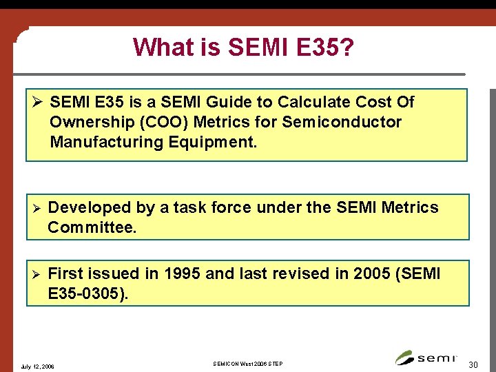 What is SEMI E 35? Ø SEMI E 35 is a SEMI Guide to