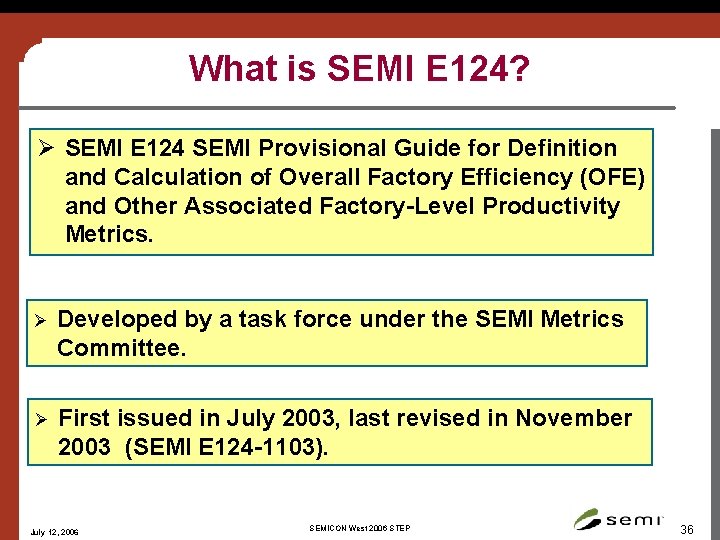 What is SEMI E 124? Ø SEMI E 124 SEMI Provisional Guide for Definition