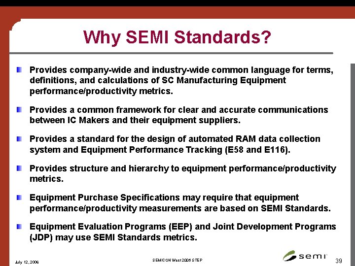 Why SEMI Standards? Provides company-wide and industry-wide common language for terms, definitions, and calculations