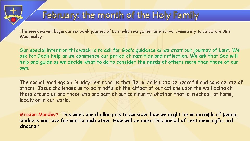 February: the month of the Holy Family This week we will begin our six February: the month of the Holy Family This week we will begin our six