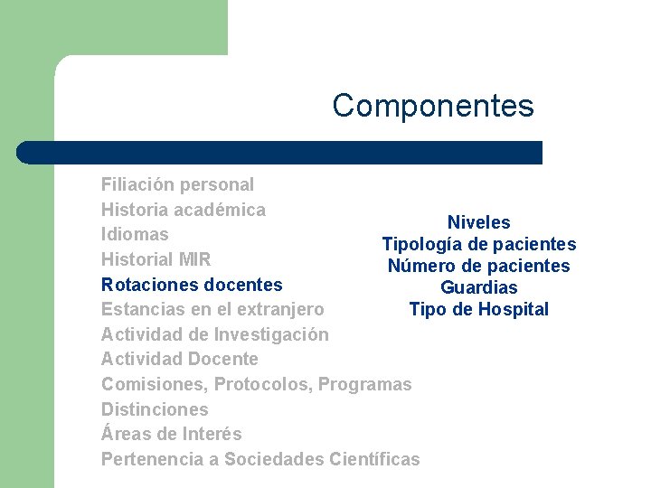 Componentes Filiación personal Historia académica Niveles Idiomas Tipología de pacientes Historial MIR Número de