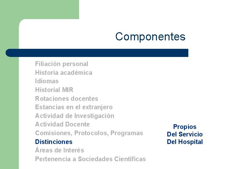 Componentes Filiación personal Historia académica Idiomas Historial MIR Rotaciones docentes Estancias en el extranjero