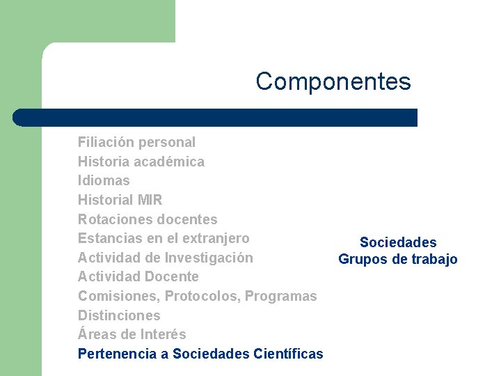 Componentes Filiación personal Historia académica Idiomas Historial MIR Rotaciones docentes Estancias en el extranjero