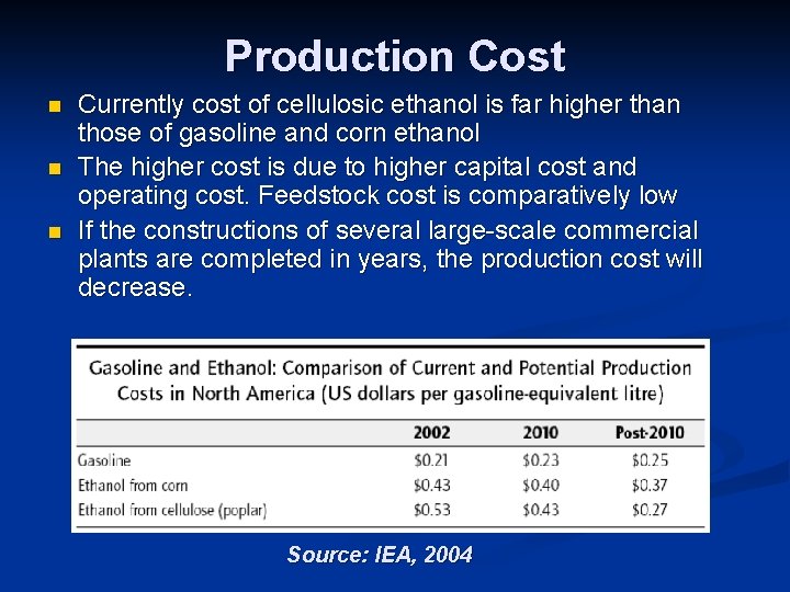 Production Cost n n n Currently cost of cellulosic ethanol is far higher than