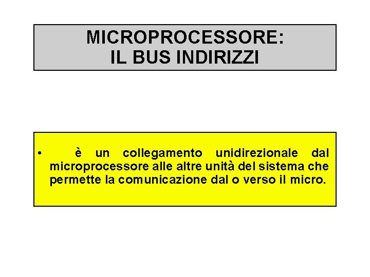 MICROPROCESSORE: IL BUS INDIRIZZI • è un collegamento unidirezionale dal microprocessore alle altre unità