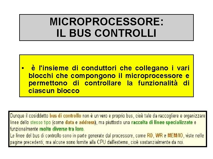 MICROPROCESSORE: IL BUS CONTROLLI • è l'insieme di conduttori che collegano i vari blocchi