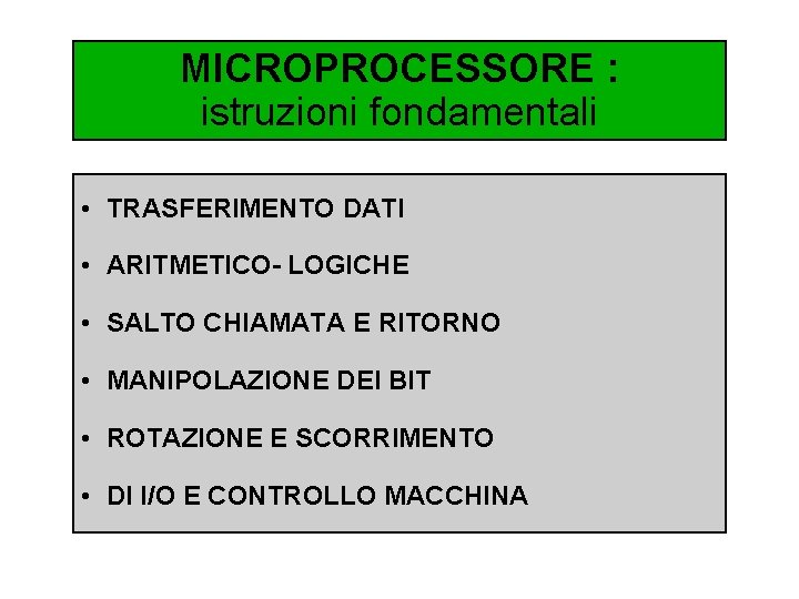 MICROPROCESSORE : istruzioni fondamentali • TRASFERIMENTO DATI • ARITMETICO- LOGICHE • SALTO CHIAMATA E