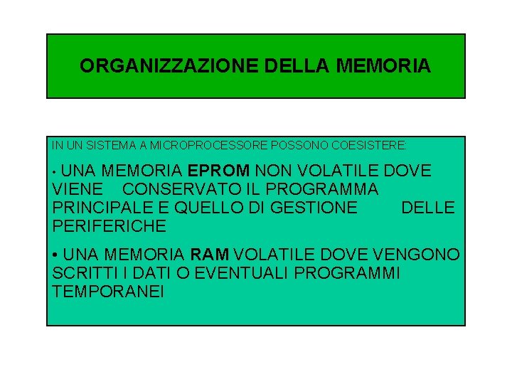 ORGANIZZAZIONE DELLA MEMORIA IN UN SISTEMA A MICROPROCESSORE POSSONO COESISTERE: • UNA MEMORIA EPROM