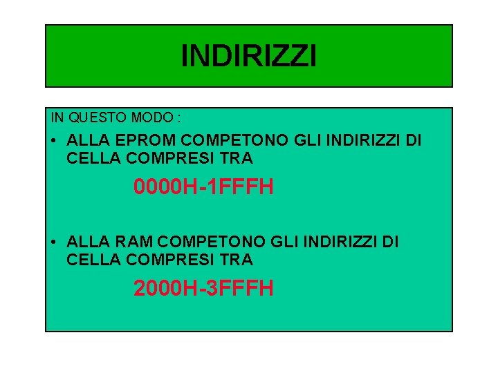 INDIRIZZI IN QUESTO MODO : • ALLA EPROM COMPETONO GLI INDIRIZZI DI CELLA COMPRESI