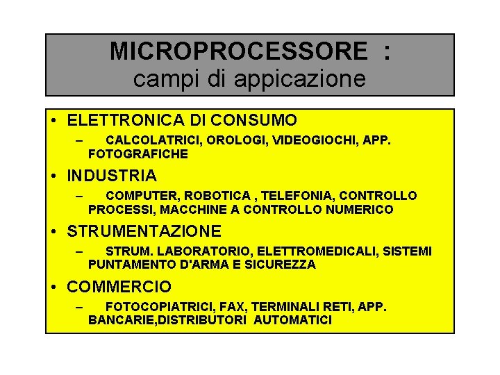 MICROPROCESSORE : campi di appicazione • ELETTRONICA DI CONSUMO – CALCOLATRICI, OROLOGI, VIDEOGIOCHI, APP.