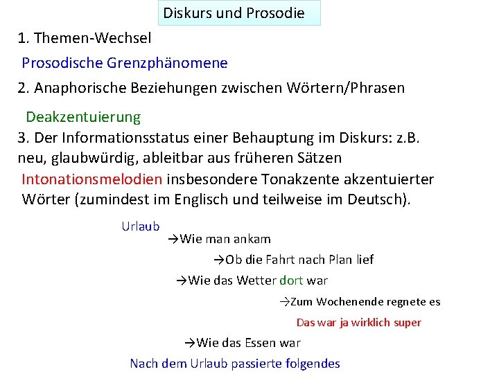 Diskurs und Prosodie 1. Themen-Wechsel Prosodische Grenzphänomene 2. Anaphorische Beziehungen zwischen Wörtern/Phrasen Deakzentuierung 3.