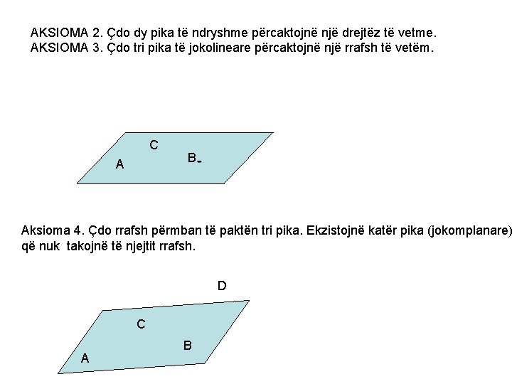 AKSIOMA 2. Çdo dy pika të ndryshme përcaktojnë një drejtëz të vetme. AKSIOMA 3.