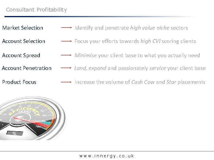Consultant Profitability Market Selection Identify and penetrate high value niche sectors Account Selection Focus
