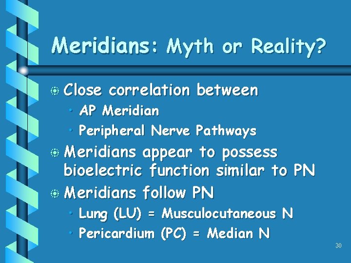 Meridians: Myth or Reality? b Close correlation between • AP Meridian • Peripheral Nerve