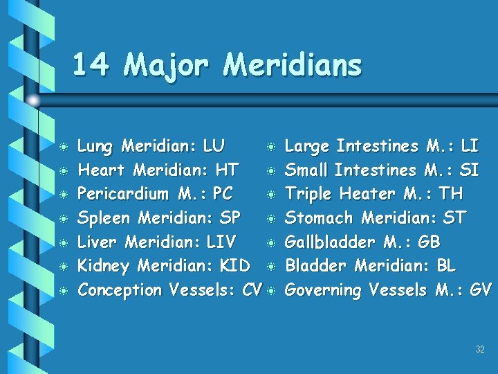 14 Major Meridians b b b b Lung Meridian: LU b Heart Meridian: HT