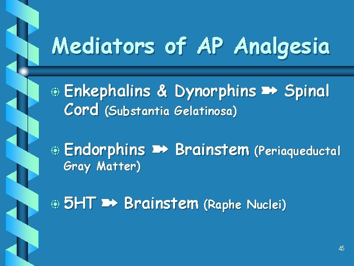 Mediators of AP Analgesia b Enkephalins Cord (Substantia Gelatinosa) b Endorphins Gray Matter) b