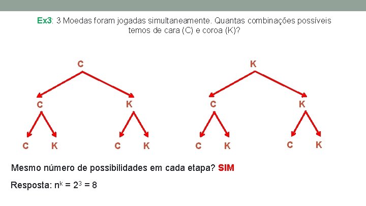 Ex 3: 3 Moedas foram jogadas simultaneamente. Quantas combinações possíveis temos de cara (C) Ex 3: 3 Moedas foram jogadas simultaneamente. Quantas combinações possíveis temos de cara (C)