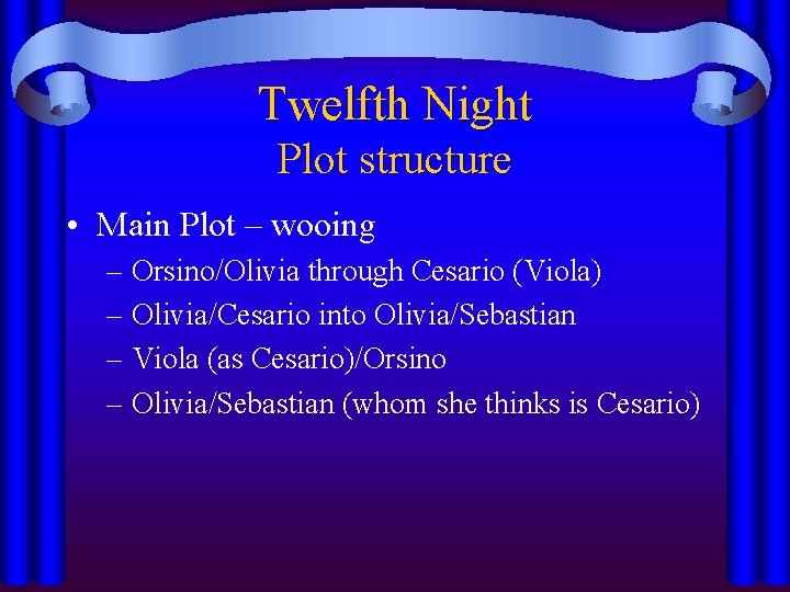 Twelfth Night Plot structure • Main Plot – wooing – Orsino/Olivia through Cesario (Viola)