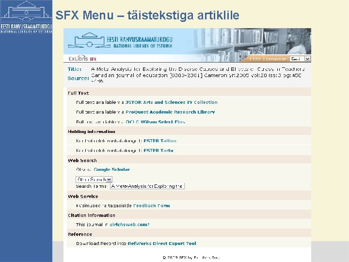 SFX Menu – täistekstiga artiklile EESTI RAHVUSRAAMATUKOGU · NATIONAL LIBRARY OF ESTONIA 