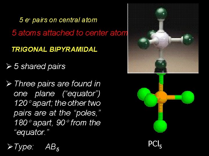  5 e- pairs on central atom 5 atoms attached to center atom 0