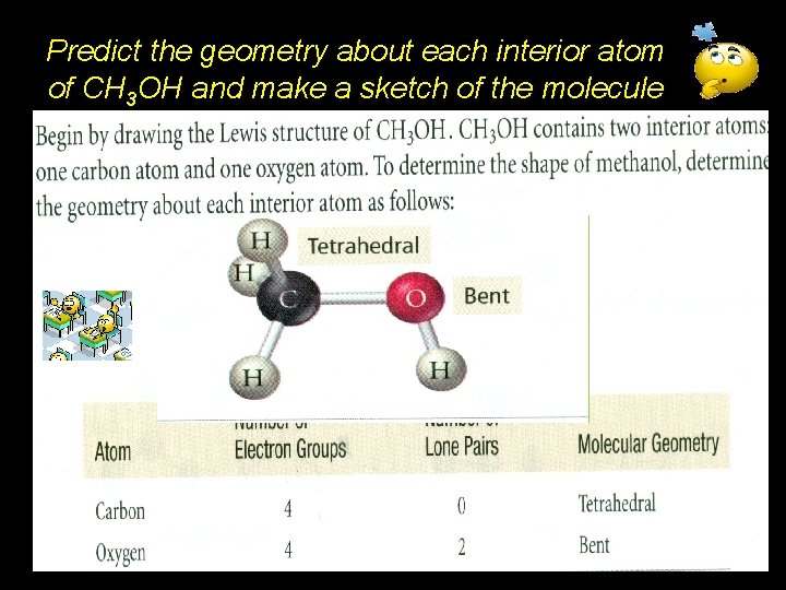 Predict the geometry about each interior atom of CH 3 OH and make a