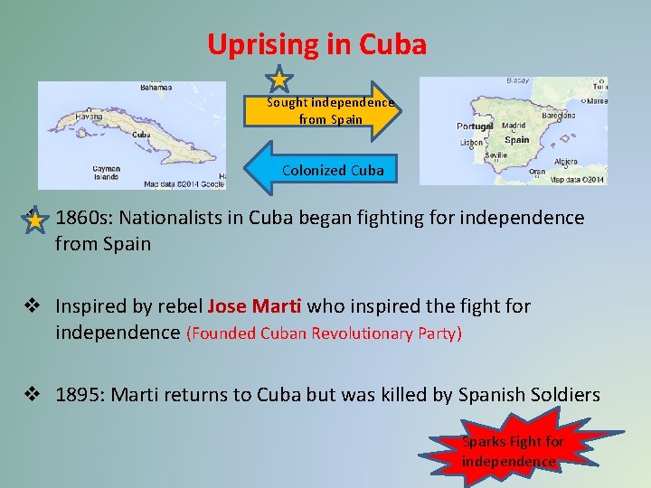 Uprising in Cuba Sought independence from Spain Colonized Cuba v 1860 s: Nationalists in Uprising in Cuba Sought independence from Spain Colonized Cuba v 1860 s: Nationalists in
