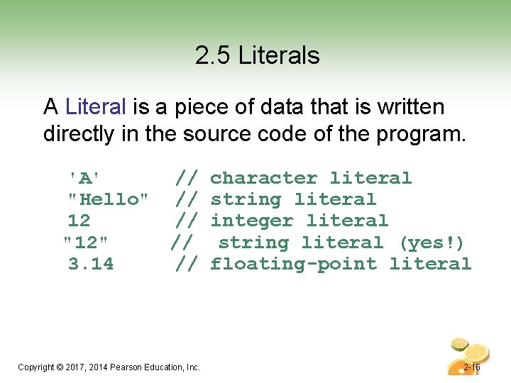 2. 5 Literals A Literal is a piece of data that is written directly