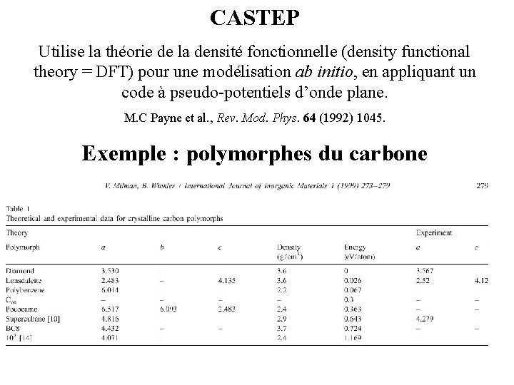 CASTEP Utilise la théorie de la densité fonctionnelle (density functional theory = DFT) pour