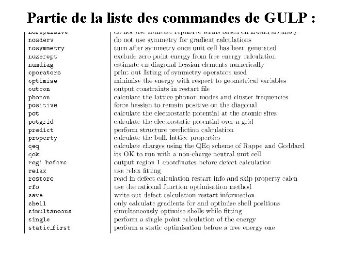 Partie de la liste des commandes de GULP : 