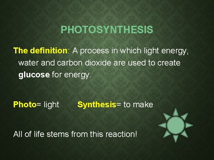 PHOTOSYNTHESIS The definition: A process in which light energy, water and carbon dioxide are PHOTOSYNTHESIS The definition: A process in which light energy, water and carbon dioxide are